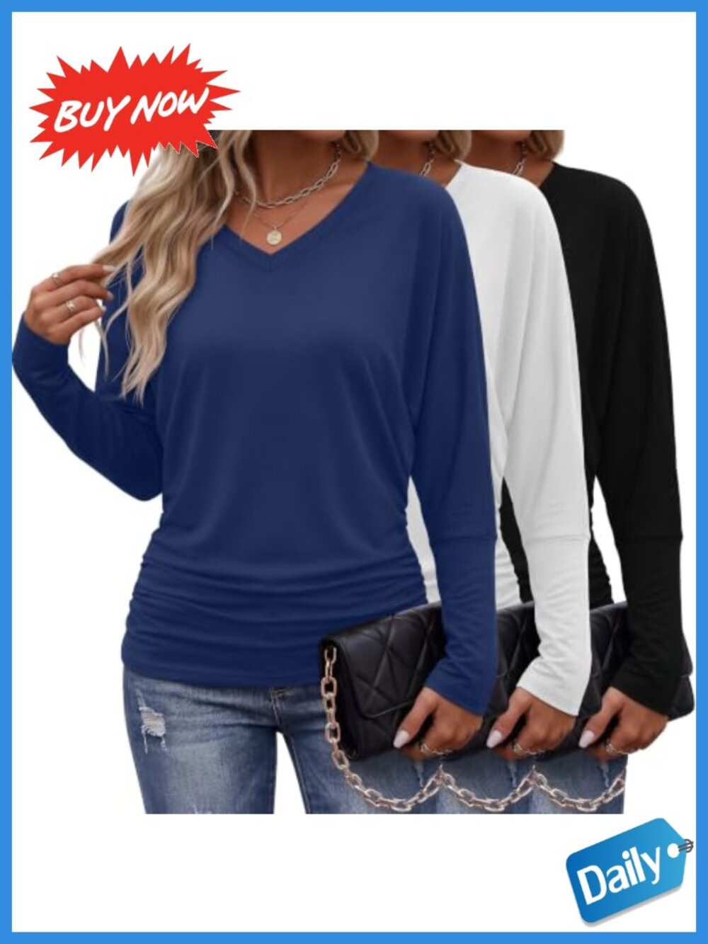Women's 3-Pack Dolman Long Sleeve V-Neck Tops Flowy Batwing Shirts